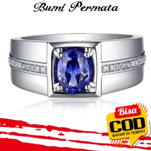 Sapphire Diamond Cincin Perak 925 Pria Wanita Fashion Batu Safir Berlian Silver Ring 3