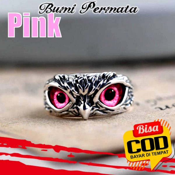 Cincin Model Terbuka Keren Desain Hewan Mata Burung Hantu Bahan Silver 925 Warna Pink