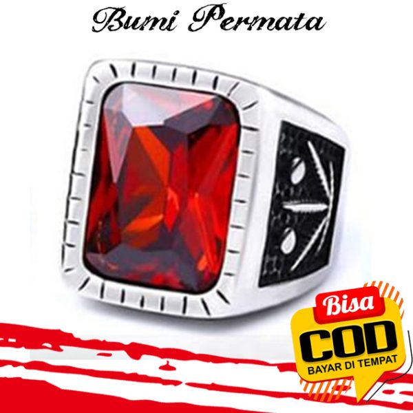 Batu Cincin Pria Akik Ruby Merah Siam Octagon Ring Titanium Silver Super Mewah 1