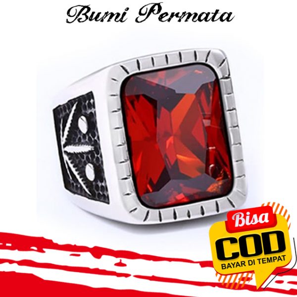 Batu Cincin Pria Akik Ruby Merah Siam Octagon Ring Titanium Silver Super Mewah 3