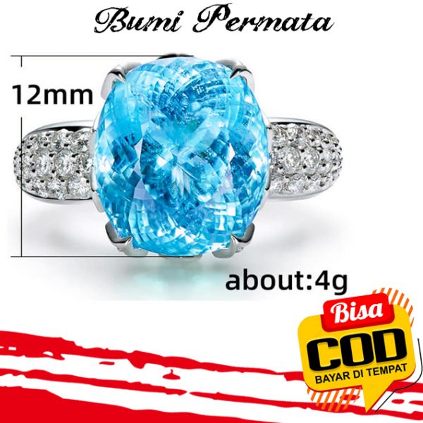 Cincin Wanita Berlian Aquamarine Platinum Yang Mewah Perhiasan Fashion Kawin Kristal Biru Perak Rings 1